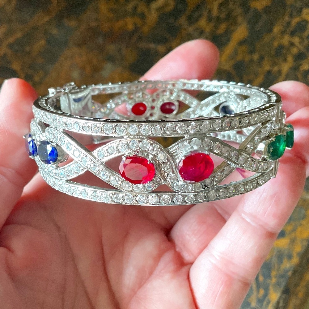 Nwt Sterling Silver 925 Genuine Ruby/Emerald/Sapphire White Crystal Wide Bracele